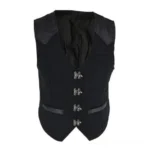 Black steampunk vest for men with silver claw buckles and leather trim, front flat lay view showcasing the Victorian notched lapel design and industrial metal fastenings