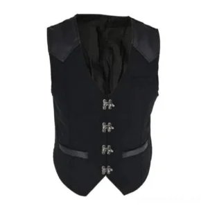 Black steampunk vest for men with silver claw buckles and leather trim, front flat lay view showcasing the Victorian notched lapel design and industrial metal fastenings