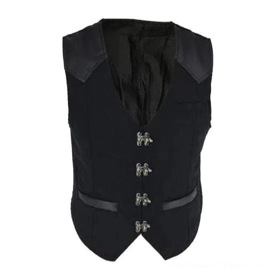 Black steampunk vest for men with silver claw buckles and leather trim, front flat lay view showcasing the Victorian notched lapel design and industrial metal fastenings