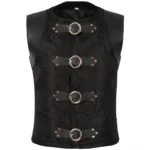 Men's black steampunk vest with damask jacquard fabric, faux leather shoulder caps, and four metal buckles - front flat view
