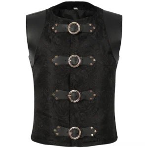 Men's black steampunk vest with damask jacquard fabric, faux leather shoulder caps, and four metal buckles - front flat view