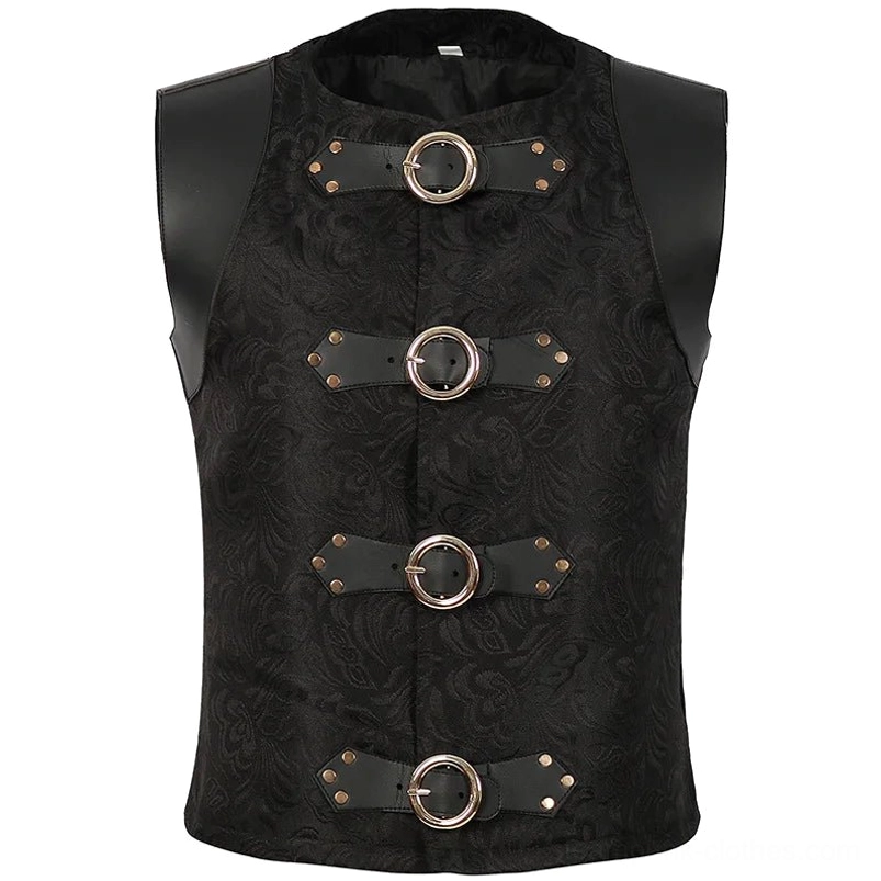Men's black steampunk vest with damask jacquard fabric, faux leather shoulder caps, and four metal buckles - front flat view