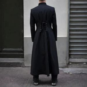 Steampunk Victorian men's long coat rear view showing lace-up corset back detail with metal eyelets