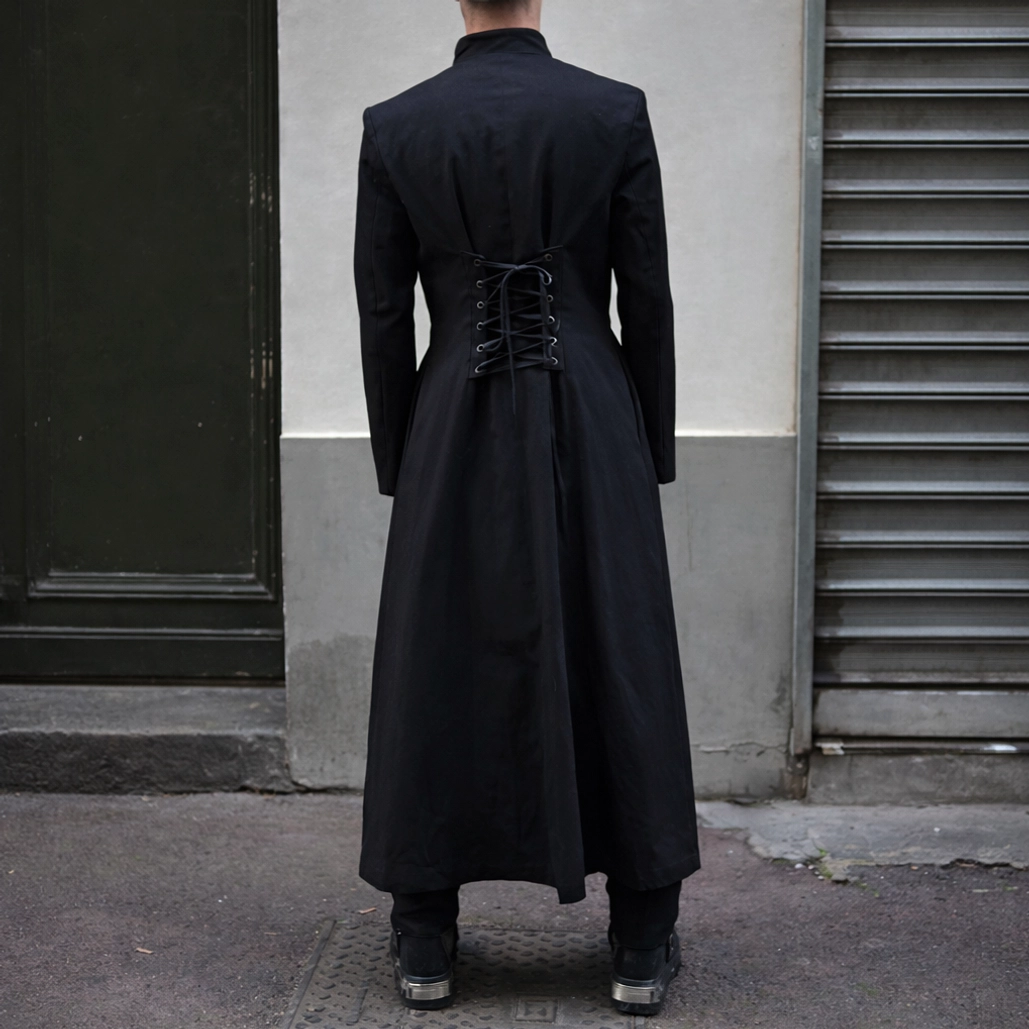 Steampunk Victorian men's long coat rear view showing lace-up corset back detail with metal eyelets