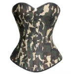Military dieselpunk camouflage overbust corset with sweetheart neckline and front metal hook closures