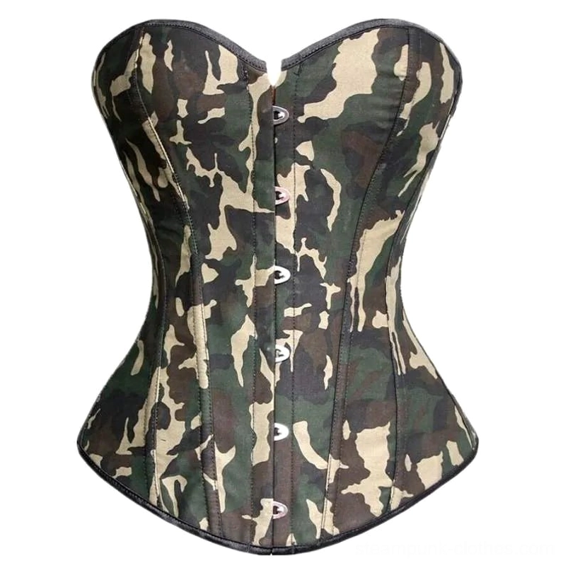 Military dieselpunk camouflage overbust corset with sweetheart neckline and front metal hook closures