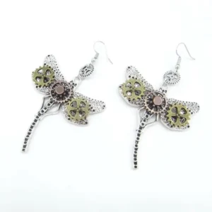 Mini steampunk mechanical dragonfly earrings with single gear design and bronze silver tone metalwork