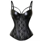 Morticia steampunk corset front flat lay showing black lace and faux leather panels with double adjustable shoulder straps and structured boning detail