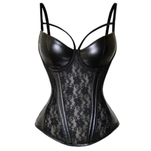 Morticia steampunk corset front flat lay showing black lace and faux leather panels with double adjustable shoulder straps and structured boning detail