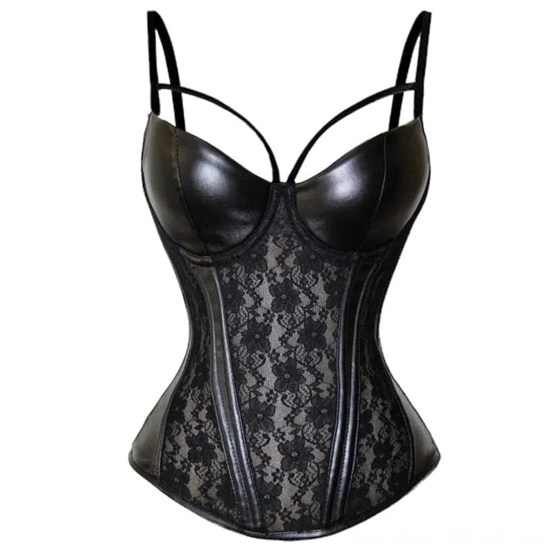 Morticia steampunk corset front flat lay showing black lace and faux leather panels with double adjustable shoulder straps and structured boning detail