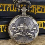 Russian steampunk pocket watch with Moscow-themed relief art showing embossed cannons and landmarks on bronze finish case