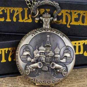 Russian steampunk pocket watch with Moscow-themed relief art showing embossed cannons and landmarks on bronze finish case