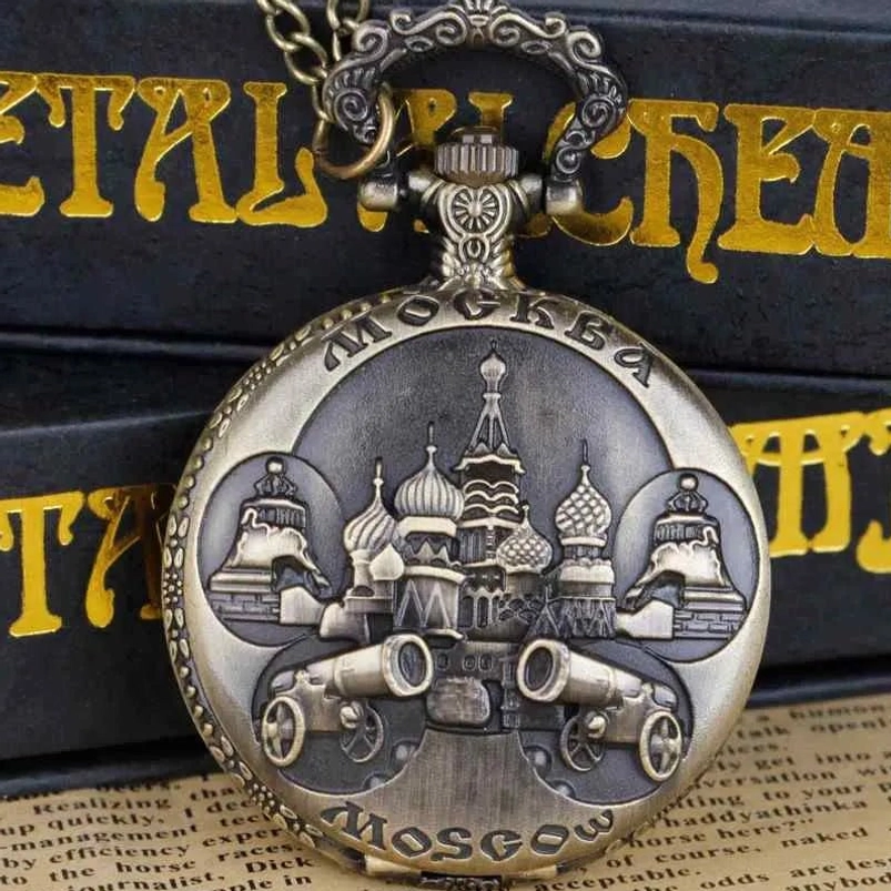 Russian steampunk pocket watch with Moscow-themed relief art showing embossed cannons and landmarks on bronze finish case