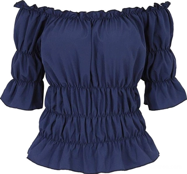 Navy blue off-shoulder steampunk blouse with layered ruffles and ruched design flat lay
