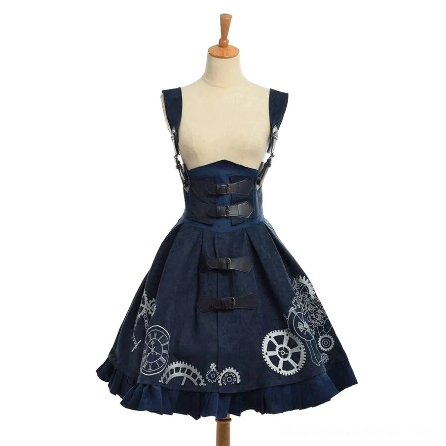 Navy blue steampunk suspender dress on mannequin, front view displaying silver gear embroidery, leather buckles, ruffled hem, and industrial aesthetic design