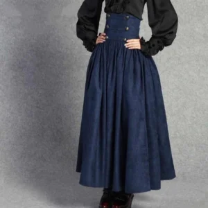Navy blue high-waisted steampunk maxi skirt with double-breasted waist and floor-length pleated design, full-body front view on fashion model