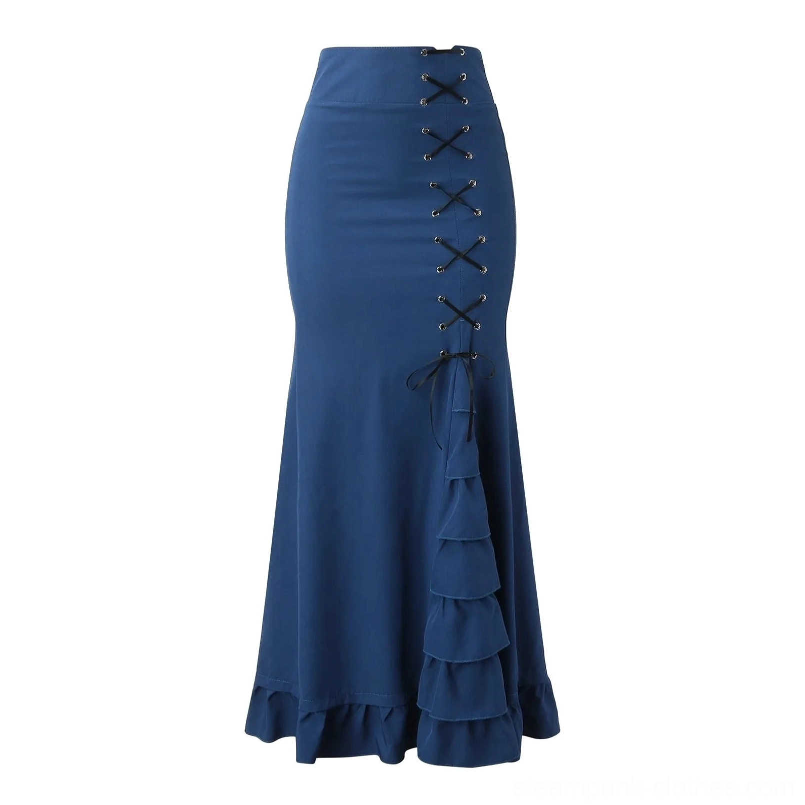 Navy blue high-waist mermaid steampunk skirt with ruffled fishtail hemline front straight view studio shot