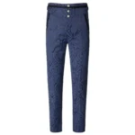 Navy blue steampunk brocade pants front view with high-waisted design and three decorative silver buttons