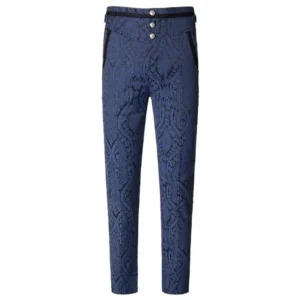 Navy blue steampunk brocade pants front view with high-waisted design and three decorative silver buttons