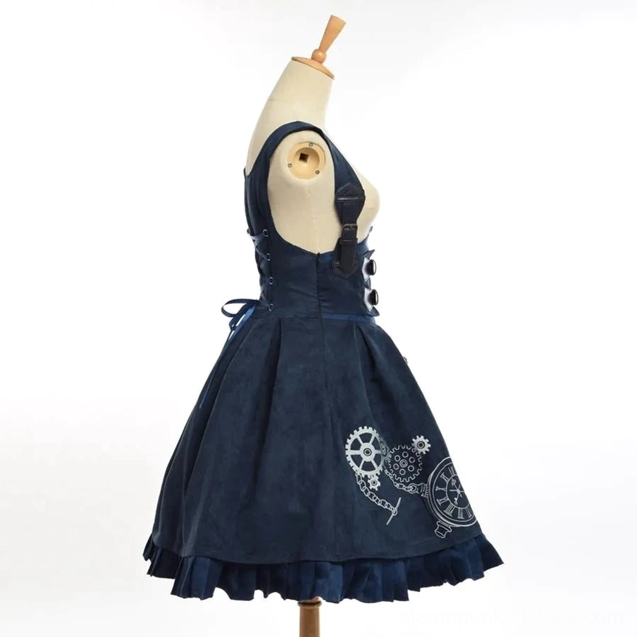 Navy blue steampunk suspender dress back view showing lace-up corset back construction with ruffled hem detail and professional studio lighting