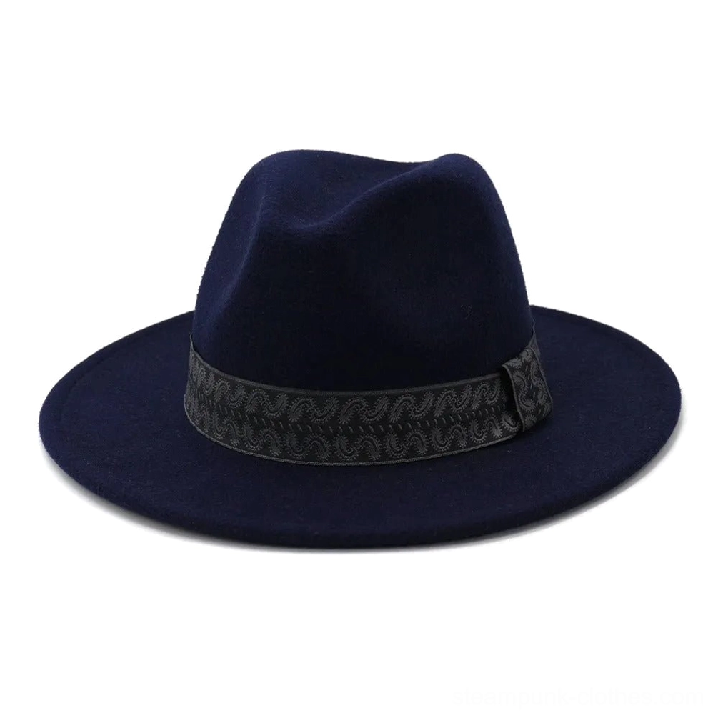 Navy blue steampunk fedora hat with embossed paisley hatband, three-quarter angle view