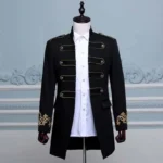Noble steampunk military coat in black with gold embroidered cuffs and ornamental straps, stand collar, full front view on mannequin
