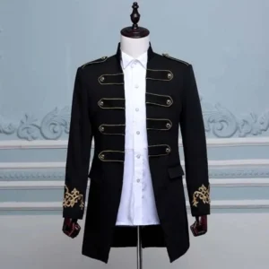 Noble steampunk military coat in black with gold embroidered cuffs and ornamental straps, stand collar, full front view on mannequin