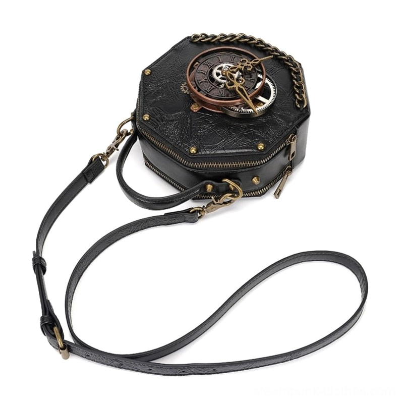 Mini octagonal steampunk crossbody bag overhead shot showing removable long adjustable shoulder strap, compact silhouette dimensions, and gear decoration details