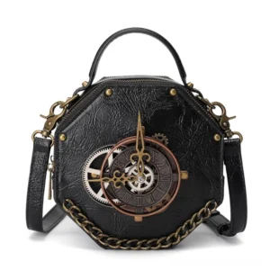 Black octagonal steampunk crossbody bag front view showcasing cracked distressed leather texture, hand-placed brass gear clock decoration, and chain trim detailing