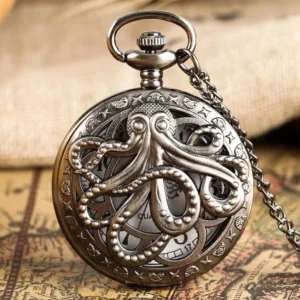 Octopus carved steampunk pocket watch direct front showing star pattern border and visible quartz mechanism through hollow cover
