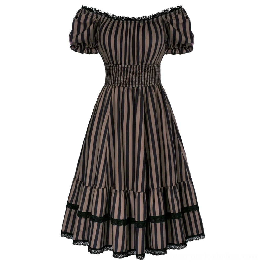 Off-shoulder striped steampunk dress front flat lay, showcasing brown and black vertical stripes, shirred waist smocking, and delicate lace trims