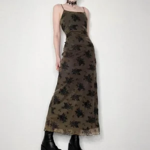 Olive floral flocked steampunk maxi dress with open back, black spaghetti straps, and scalloped hemline styled with black platform ankle boots