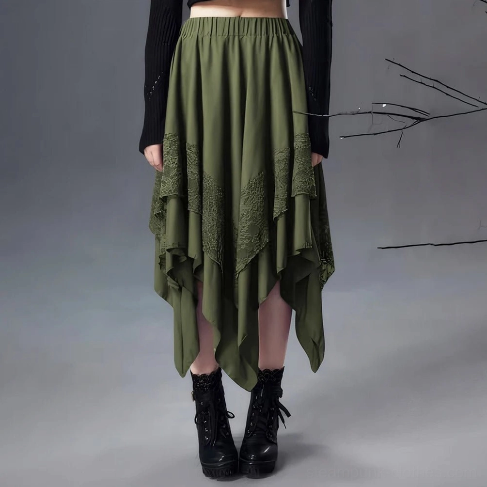 Olive green asymmetrical steampunk skirt front view with handkerchief hem and lace overlay panels, styled with black cropped top and combat boots