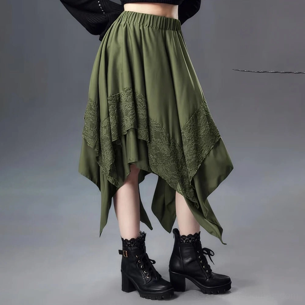 Olive green asymmetrical steampunk skirt side three-quarter view displaying uneven hem, lace overlay construction, and flowy woven fabric movement with platform boots