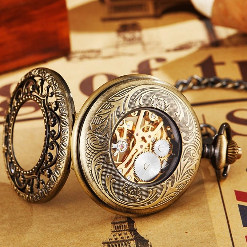 Openable embossed bronze steampunk pocket watch with fully visible mechanical gears and hollow carved outer lid, side view showing intricate craftsmanship on retro vintage paper background