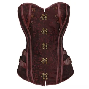 Overbust steampunk corset front view burgundy jacquard with bronze claw clasps and metal hardware, flat lay product photography on white background