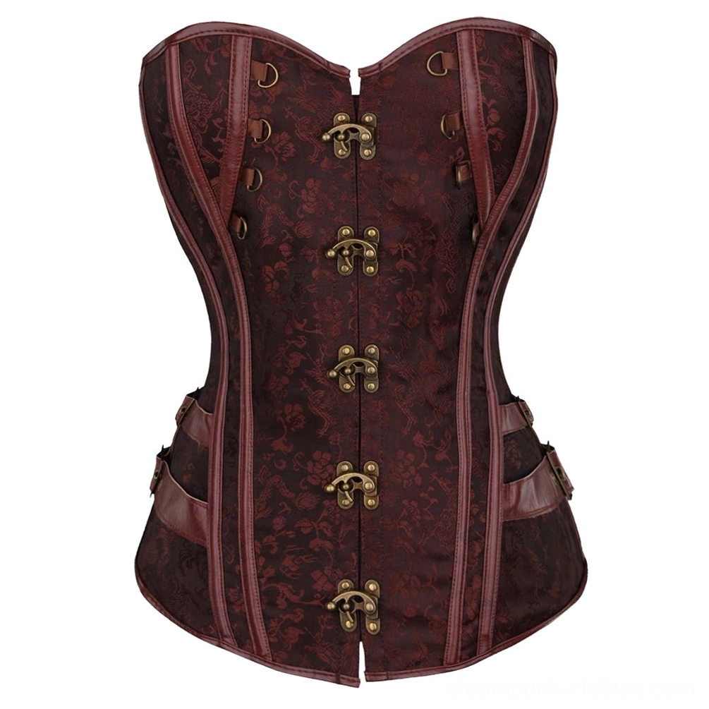 Overbust steampunk corset front view burgundy jacquard with bronze claw clasps and metal hardware, flat lay product photography on white background