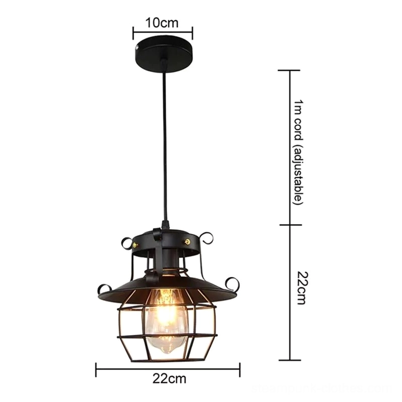 Oxford steampunk industrial pendant lamp technical specifications showing 22cm diameter, 22cm height, 1 meter adjustable cord, and black wrought iron construction details