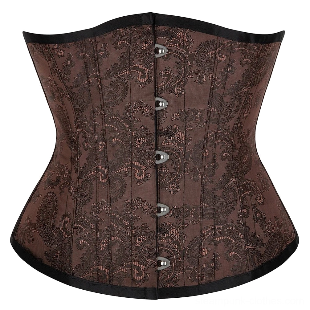 Brown paisley jacquard steampunk underbust corset flat lay front view with metal button fasteners