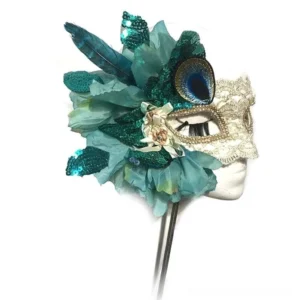 Steampunk peacock masquerade mask with teal feathers and gold trim, shown on mannequin head in right profile view against white studio background