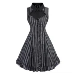 Pin-up steampunk striped dress full front view featuring black and white vertical stripes, contrast black collar, cutout bust design, and ruffled hem with dark brown buttons