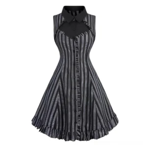 Pin-up steampunk striped dress full front view featuring black and white vertical stripes, contrast black collar, cutout bust design, and ruffled hem with dark brown buttons