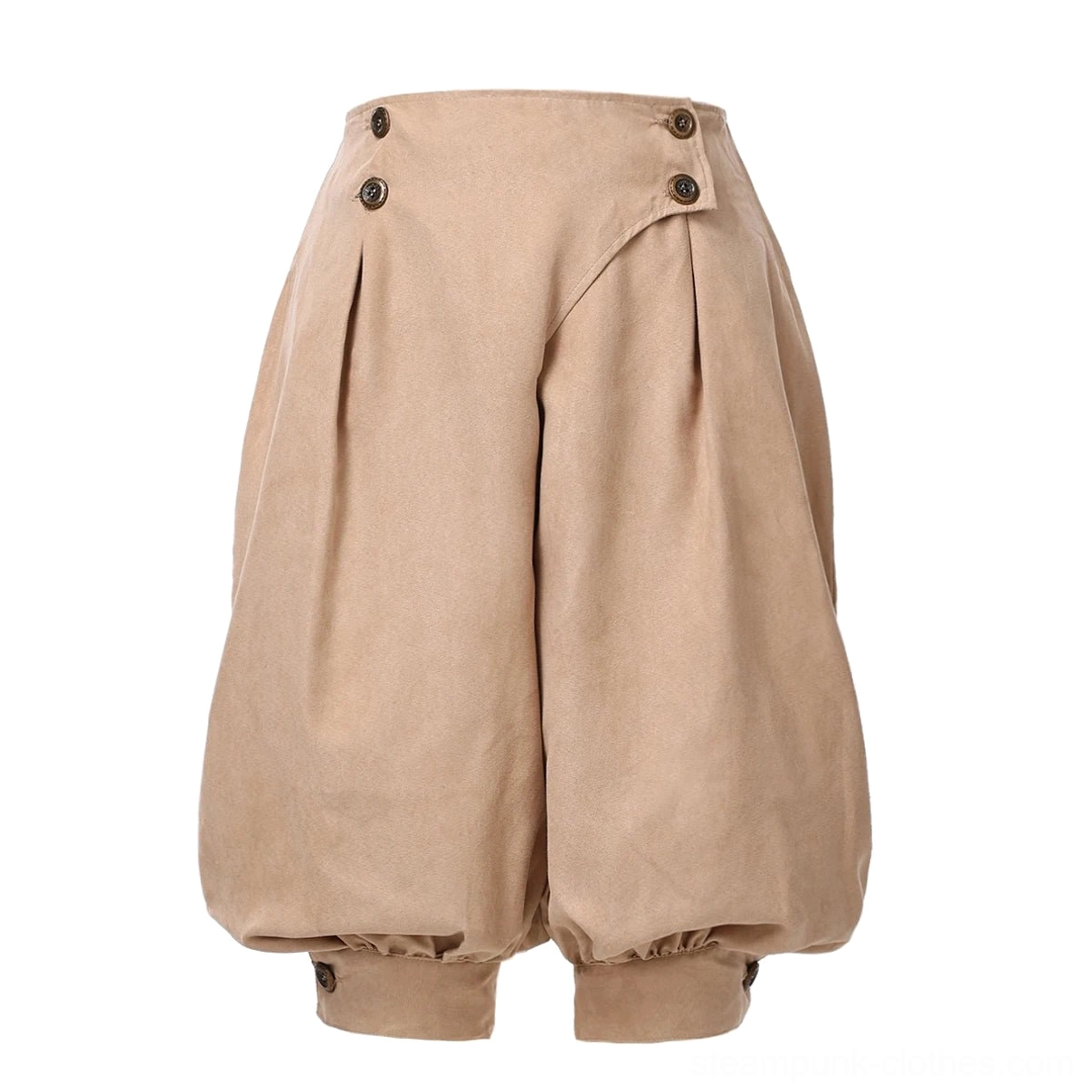 Women's steampunk pirate breeches mannequin display, khaki fabric with buttoned waist, pleated front design, and cropped gathered cuffs, studio front view