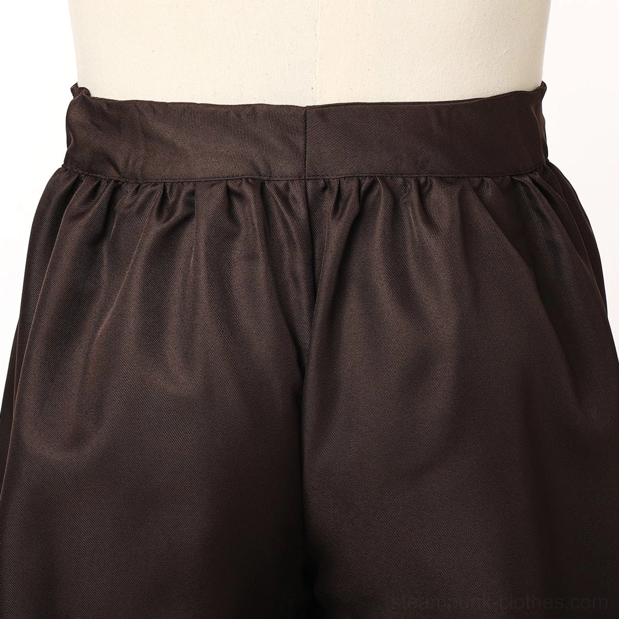 Rear waist close-up of brown pirate breeches showing gathered elastic construction and smooth fabric texture for comfort