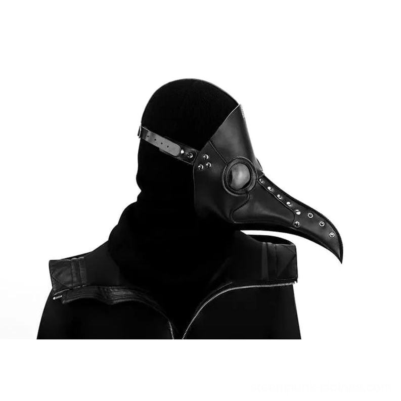 Steampunk plague doctor mask rear three-quarter view showing adjustable back strap and hood integration detail