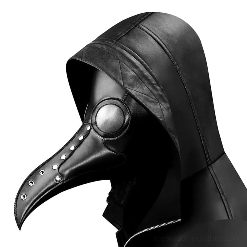 Steampunk plague doctor mask with attached hood panels, left profile showing stitched leather construction and sealed eyepiece