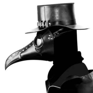 Plague doctor mask styled with black leather top hat and metal buckle strap, right profile view showcasing rivet accents