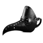 Black plague doctor steampunk mask left profile view, featuring round glass eyepiece and elongated beak with metal rivets