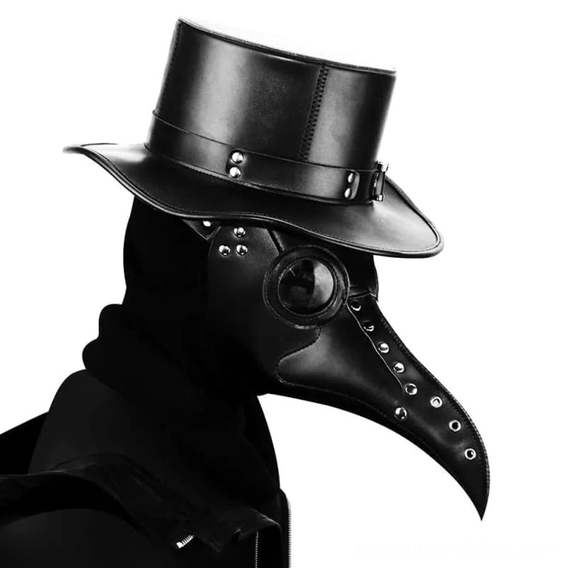 Black plague doctor steampunk mask with coordinating top hat, left profile featuring metal hardware and rivet details