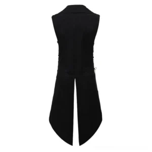 Plague doctor steampunk vest back view showing curved split tail hem and hidden side drawstring details